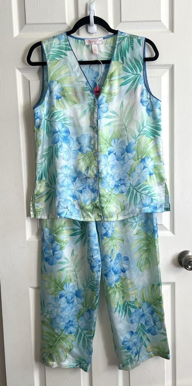 OSCAR DE LA RENTA Vintage Y2K Pink Label Asian Floral Satin 2 Piece Pajamas Sz S